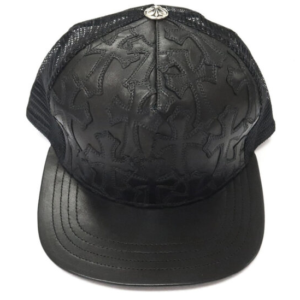 Cemetary Cross Leather Stitched Trucker Chrome Hearts Hat – Black