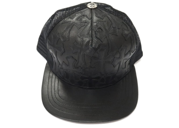 Cemetary Cross Leather Stitched Trucker Chrome Hearts Hat – Black