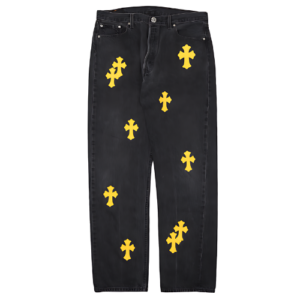 Distressed Chrome Hearts Yellow Jeans